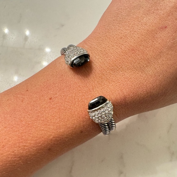 Cable Cuff Bracelet with Black Crystals and CZ, Silver Tone Adjustable Open Cuff - Picture 6 of 16